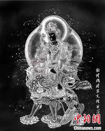圖為朱增平創(chuàng)作的鍥金畫《敦煌榆林窟文殊菩薩》。(資料圖) 受訪者供圖