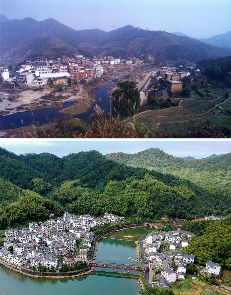 圖為浙江省杭州市淳安縣楓樹嶺鎮(zhèn)下姜村拼版圖，其中上圖為資料照片、下圖由新華社記者張鋮攝。